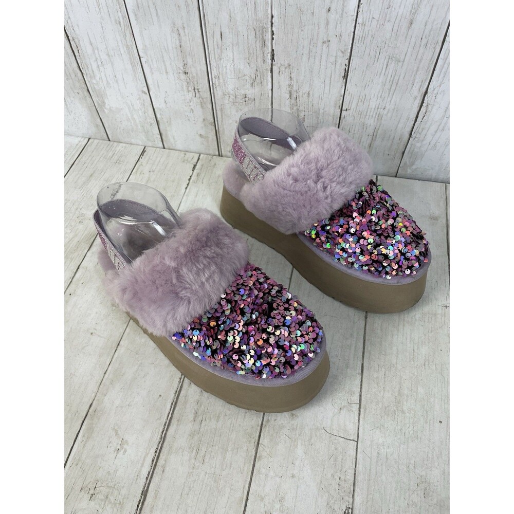 UGG Funkette Stellar Sequin Shearling Purple Platform Slipper Slide Sandal Sz 8